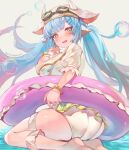  1girl animal_ears ass bangs bikini blue_hair blush breasts cow_ears cow_girl cow_hat cow_horns cow_tail draph ear_piercing granblue_fantasy highres horns kiriyama2109 large_breasts long_hair looking_at_viewer looking_back open_mouth piercing pointy_ears shatola_(granblue_fantasy) smile swimsuit tail thighs twintails very_long_hair white_bikini yellow_eyes 