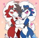  &lt;3 accessory anthro blue_body blue_fur chest_tuft duo fiddleafox fur looking_at_viewer lycanroc midnight_lycanroc nintendo one_eye_closed pink_eyes pok&eacute;mon pok&eacute;mon_(species) red_body red_eyes red_fur shiny_pok&eacute;mon tuft video_games white_body white_fur 