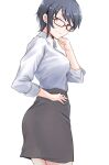  1girl bangs black_skirt blue_hair breasts clenched_hand cowboy_shot glasses hand_on_hip hand_on_own_cheek hand_on_own_face highres idolmaster idolmaster_cinderella_girls light_smile looking_at_viewer looking_to_the_side medium_breasts office_lady red-framed_eyewear shirt short_hair sidelocks simple_background skirt solo twisted_torso unu_(unucence) wakui_rumi white_background white_shirt 