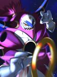  blurry bright_pupils emuenuon fingernails gen_6_pokemon hands_up highres hoop hoopa hoopa_(unbound) horns looking_at_viewer mythical_pokemon orange_eyes outdoors pokemon pokemon_(creature) sharp_teeth solo space teeth 