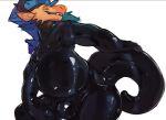  anthro belly black_horn black_spikes blue_body blue_fur blue_hair brown_body brown_fur bulge carbon_(carbon-draws) clothing curved_horn dragon eyes_closed fur furred_dragon hair hand_on_leg hand_on_tail horn male muscular muscular_anthro muscular_male open_mouth pose raised_tail redponei rubber rubber_suit seductive simple_background slightly_chubby slightly_chubby_anthro slightly_chubby_male smile solo spikes tan_body tan_fur teeth white_background 