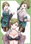  3girls beiske_(de_skb3) black_bra black_cardigan black_legwear blush bra bra_peek breasts cardigan cleavage collarbone cowboy_shot eyebrows_visible_through_hair folded_ponytail green_hair half-closed_eyes highres idolmaster idolmaster_shiny_colors light_smile looking_at_viewer looking_away midriff multiple_girls multiple_persona nanakusa_hazuki navel office_lady open_clothes open_collar open_shirt open_vest pantyhose pencil_skirt pulled_by_self simple_background skirt thighhighs underwear upper_body vest 