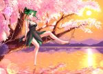  1girl artist_name bare_legs bare_shoulders barefoot bishoujo_senshi_sailor_moon bishoujo_senshi_sailor_moon_crystal black_dress black_moon_clan black_skirt blush burbur cherry_blossoms colorful curly_hair dark_green_hair dress english_commentary evening facing_viewer feet finger_to_mouth fingernails full_body green_eyes green_hair green_nails index_finger_raised looking_at_viewer mixed-language_commentary mountain no_shoes open_mouth orange_sky parted_lips river scenery short_dress short_hair sitting skirt sky sleeveless sleeveless_dress smile sunset teeth tellu_(sailor_moon) tree water watermark witches_5 