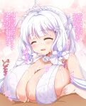  1boy 1girl after_paizuri afuro azur_lane bare_shoulders blue_eyes breast_grab breasts bridal_veil cum cum_on_body cum_on_breasts cum_on_clothes cum_on_hair dress eyebrows_visible_through_hair facial flower grabbing halter_dress halterneck huge_breasts illustrious_(azur_lane) illustrious_(morning_star_of_love_and_hope)_(azur_lane) lace-trimmed_dress lace_trim long_hair mole mole_under_eye official_alternate_costume open_mouth paizuri paizuri_under_clothes penis rose tiara translation_request tri_tails veil wedding_dress white_dress white_flower white_hair white_rose 