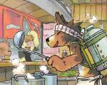  5:4 anthro apron black_nose brown_body brown_fur canid canine canis clothing cooking detailed_background domestic_dog eating eyes_closed food fur group humanoid_hands kemono low_res mammal thumbnail utsuki_maito 