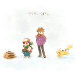  2boys badge bangs baseball_cap blue_oak boots brown_footwear brown_hair crossed_arms gen_1_pokemon gen_2_pokemon green_scarf hands_in_pockets hat highres jacket jewelry long_sleeves male_focus multiple_boys necklace pants pikachu pokemon pokemon_(creature) pokemon_(game) pokemon_rgby purple_shirt red_(pokemon) red_scarf running scarf shirt shoes short_hair snow squatting standing swinub torinoko_(miiko_draw) translation_request undershirt 