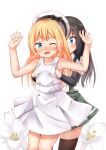  2girls aqua_eyes arm_warmers asashio_(kancolle) black_hair blonde_hair blue_eyes blurry blurry_background blush bow comiching dress flat_chest flat_chest_grab flower flying_sweatdrops grabbing grabbing_from_behind hands_up hat hat_bow highres jervis_(kancolle) kantai_collection lily_(flower) long_hair multiple_girls one_eye_closed open_mouth sailor_hat school_uniform suspenders sweatdrop tears white_dress yuri 