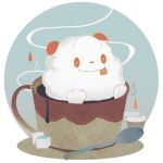  afloat closed_mouth commentary_request cup gen_6_pokemon gigigimimi liquid no_humans orange_eyes pokemon pokemon_(creature) smile solo spoon steam sugar_cube swirlix tongue tongue_out 