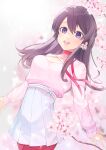  1girl :d bangs black_hair blurry blurry_background blush breasts cherry_blossoms cleavage commentary_request depth_of_field eyebrows_visible_through_hair flower hair_between_eyes hair_flower hair_ornament highres hu_kotora long_hair long_sleeves looking_at_viewer medium_breasts open_mouth original pantyhose pink_flower pink_shirt pleated_skirt purple_eyes red_legwear shirt skirt sleeves_past_wrists smile solo tree_branch upper_teeth white_skirt 