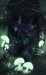  closed_mouth commentary_request dark emuenuon forest gen_8_pokemon glowing_mushroom grass grimmsnarl highres looking_at_viewer mushroom nature night orange_eyes outdoors pokemon pokemon_(creature) solo standing tree 