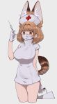  1girl absurdres animal_ear_fluff animal_ears bangs breasts brown_eyes brown_hair commentary_request cropped_legs extra_ears eyebrows_visible_through_hair gloves hat highres holding holding_case holding_syringe kemono_friends large_breasts looking_at_viewer mask medium_hair mouth_mask notora nurse nurse_cap serval_(kemono_friends) serval_ears serval_tail solo surgical_mask syringe tail 