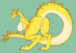  anthro anus bedroom_eyes bent_over big_breasts big_butt breasts butt dragon female genitals hanging_breasts horn lizard long_tail looking_at_viewer narrowed_eyes nipples non-mammal_breasts pussy reptile sanfingulipunrapin scales scalie seductive simple_background smile solo spikes yellow_body yellow_scales 