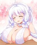  1boy 1girl after_paizuri afuro azur_lane bare_shoulders blue_eyes breast_grab breasts bridal_veil cum cum_on_body cum_on_breasts cum_on_clothes cum_on_hair dress eyebrows_visible_through_hair facial flower grabbing halter_dress halterneck huge_breasts illustrious_(azur_lane) illustrious_(morning_star_of_love_and_hope)_(azur_lane) lace-trimmed_dress lace_trim long_hair mole mole_under_eye official_alternate_costume open_mouth paizuri paizuri_under_clothes penis rose tiara tri_tails veil wedding_dress white_dress white_flower white_hair white_rose 