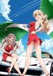  3girls alternate_costume alternate_hairstyle bare_shoulders blonde_hair blue_background blue_sky braid braided_bangs brown_eyes car cloud collarbone commentary_request condensation_trail day dress green_umbrella grey_hair ground_vehicle hair_ribbon kantai_collection legs littorio_(kancolle) long_hair looking_at_viewer low_ponytail low_twintails motor_vehicle multiple_girls open_mouth outdoors pola_(kancolle) race_queen red_dress ribbon round_teeth sky teeth thick_eyebrows twintails umbrella upper_body upper_teeth uzuki_kosuke vehicle_request wavy_hair white_ribbon zara_(kancolle) 