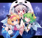  3girls :3 =_= alice_margatroid bangs black_dress black_headwear blonde_hair blouse blue_background blue_dress blue_eyes blush bow bunny capelet closed_mouth collared_blouse commentary_request cookie_(touhou) daiyousei demon_tail demon_wings diyusi_(cookie) dress eyebrows_visible_through_hair flag full_body ghost_costume gloves green_hair grey_hair hair_between_eyes hair_bow hairband halloween happy_halloween hat holding holding_flag horns ichigo_(cookie) letterboxed looking_at_viewer marionette medium_hair multiple_girls nazrin nyon_(cookie) open_mouth pinafore_dress pink_hairband pink_neckwear ponytail pumpkin_hat_ornament puppet red_eyes short_hair star_(symbol) tail touhou white_blouse white_capelet white_gloves wings witch_hat xox_xxxxxx yellow_bow 