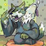  1:1 2_heads anthro canid canine canis clothed clothing domestic_dog eyes_closed fur green_body green_fur humanoid_hands kemono low_res male mammal multi_head multicolored_body multicolored_fur sitting sleeping solo thumbnail tongue tongue_out two_tone_body two_tone_fur utsuki_maito white_body white_fur 
