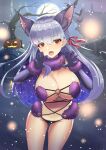  1girl animal_ears bangs bare_shoulders bat blush bow breasts claw_pose cleavage cosplay dangerous_beast earrings elbow_gloves fate/grand_order fate_(series) full_body fur-trimmed_gloves fur_collar fur_trim gloves hair_ribbon halloween highres jack-o&#039;-lantern jewelry kama_(fate) large_breasts long_hair looking_at_viewer mash_kyrielight mash_kyrielight_(cosplay) misumaru_karasu navel night night_sky o-ring open_mouth pumpkin purple_gloves red_eyes revealing_clothes ribbon silver_hair sky tail thighs wolf_ears wolf_tail 