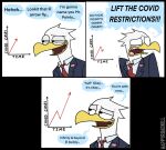  2021 accipitrid accipitriform anthro arrow avian bald_eagle beak bird clothed clothing comic covid-19_pandemic dialogue eagle english_text eric_eagle graph happyroadkill hi_res humor male political_cartoon politics profanity sea_eagle solo suit text yelling 