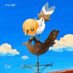  bird brown_eyes closed_mouth cloud commentary_request day fletchling from_below gen_6_pokemon highres looking_down number outdoors pokedex_number pokemon pokemon_(creature) sky standing torinoko_(miiko_draw) 
