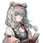  1girl animal_ears arknights bangs bear_ears bear_girl blue_eyes blue_hair blunt_bangs book braid brown_jacket fingernails flower frilled_hairband frills hair_flower hair_ornament hair_over_shoulder hairband holding holding_book istina_(arknights) jacket lolita_hairband long_hair long_sleeves looking_at_viewer mamemena monocle neckerchief off_shoulder open_book red_neckwear sarafan shirt solo twin_braids white_background white_flower white_shirt 