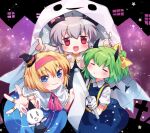  3girls :3 =_= alice_margatroid bangs black_dress black_headwear blonde_hair blouse blue_dress blue_eyes blush bow bunny capelet closed_mouth collared_blouse commentary_request cookie_(touhou) cross daiyousei demon_tail demon_wings diyusi_(cookie) dress eyebrows_visible_through_hair flag full_body ghost_costume gloves green_hair grey_hair hair_between_eyes hair_bow hairband halloween happy_halloween hat holding holding_flag horns house ichigo_(cookie) letterboxed looking_at_viewer marionette medium_hair multiple_girls nazrin nyon_(cookie) open_mouth pinafore_dress pink_hairband pink_neckwear ponytail pumpkin_hat_ornament puppet purple_background red_eyes short_hair star_(symbol) tail touhou white_blouse white_capelet white_gloves wings witch_hat xox_xxxxxx yellow_bow 