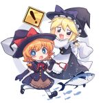  ! 2girls bangs black_capelet black_eyes black_footwear black_gloves black_headwear black_shirt black_skirt blonde_hair blue_eyes blush blush_stickers bow braid bright_pupils capelet commentary cookie_(touhou) elbow_gloves eyebrows_visible_through_hair fish full_body gloves hair_bow hat hat_bow holding holding_shovel kirisame_marisa looking_at_viewer mary_janes meguru_(cookie) multiple_girls open_mouth purple_bow red_bow shirt shoes short_hair shovel side_braid sign simple_background single_braid skirt sleeves_past_wrists socks touhou tuna warning_sign white_background white_legwear white_pupils witch_hat xox_xxxxxx yuuhi_(cookie) 