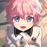  1boy akita_toushirou blue_eyes blush cup eyebrows_visible_through_hair from_below green_tea highres looking_at_viewer looking_up male_focus onota_(fkdx2243) open_mouth pink_hair solo tea touken_ranbu wavy_hair 