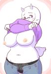  2021 anthro big_breasts blush bottomwear bovid breasts caprine clothed clothing clothing_lift denim denim_clothing embarrassed eyewear female fur glasses goat hi_res horn huge_breasts jeans mammal navel panties pants purple_eyes solo standing sweater topwear toriel toriellove undertale underwear video_games white_body white_fur 