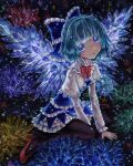  1girl :o adapted_costume alternate_wings bangs between_legs black_legwear blue_bow blue_dress blue_eyes blue_hair blunt_bangs blush bow bowtie capelet cirno commentary_request crystal dress eyebrows_behind_hair flat_chest frilled_bow frills hair_bow hand_between_legs ice ice_wings kabaji layered_skirt leaning_forward long_sleeves open_mouth pantyhose petticoat red_footwear red_neckwear short_hair sitting skirt solo touhou traditional_media wariza white_capelet wings 