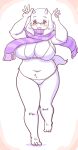  4_fingers anthro blush bovid bra breasts caprine cleavage clothed clothing female fingers fur goat hi_res horn mammal midriff navel open_mouth panties purple_eyes raised_arms scarf solo toriel toriellove undertale underwear video_games white_body white_fur 