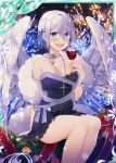  1girl :d angel angel_wings black_dress blue_eyes breasts collaboration cross cross_necklace cup dress drinking_glass falkyrie_no_monshou flower glass hair_flower hair_ornament jewelry lawn looking_at_viewer medium_breasts musse_(falkyrie_no_monshou) natsumekinoko necklace night night_sky official_art open_mouth purple_ribbon red_ribbon ribbon shinkai_no_valkyrie short_hair sitting sky smile snowflakes white_hair wine_glass wings 