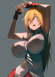  1girl absurdres arms_up blonde_hair breasts cleavage covered_nipples fingerless_gloves gloves green_eyes highres ikkitousen large_breasts long_hair see-through shin_deadball_iwata short_sleeves skirt solo sonsaku_hakufu uniform wet 