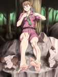  1girl bare_legs barefoot belt blue_eyes boots boots_removed brown_hair feet full_body green_neckwear gundam hat highres legs long_hair looking_at_viewer maku_(l-u) necktie relena_peacecraft shorts sitting socks socks_removed soles thighhighs toes 