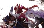  3girls ahoge animal_ears bow brown_hair clenched_teeth darkness glowing glowing_eye hat horse_ears horse_tail long_hair mejiro_mcqueen_(umamusume) motion_blur multicolored_hair multiple_girls ponytail profile purple_hair racing rice_shower_(umamusume) running streaked_hair sweat tail teeth tokai_teio_(umamusume) umamusume white_background yaneko_uta 