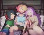  amanda_o&#039;neill arikindows10 bed beige_sweater blue_hair blue_shirt blue_skirt brown_shorts constanze_amalie_von_braunschbank-albrechtsberger controller food green_shirt jasminka_antonenko little_witch_academia messy_hair orange_hair pillow pink_hair plump popcorn red_ribbon remote_control ribbon shirt shorts skirt sleeping 