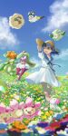  1girl :d bangs blue_hair blue_ribbon cherrim cherrim_(sunshine) cloud commentary_request cottonee day dress emolga field flower flower_field gen_4_pokemon gen_5_pokemon gen_7_pokemon grass hat hat_ribbon highres lilligant looking_back mythical_pokemon open_mouth outdoors pokemon pokemon_(creature) punico_(punico_poke) ribbon shaymin shaymin_(land) short_sleeves sky smile standing sun_hat tongue tsareena whimsicott white_dress yellow_eyes 