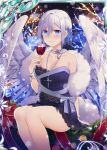  1girl angel angel_wings black_dress blue_eyes breasts collaboration cross cross_necklace cup dress drinking_glass falkyrie_no_monshou flower glass hair_flower hair_ornament jewelry lawn looking_at_viewer medium_breasts musse_(falkyrie_no_monshou) natsumekinoko necklace night night_sky official_art purple_ribbon red_ribbon ribbon shinkai_no_valkyrie short_hair sitting sky smile snowflakes white_hair wine_glass wings 