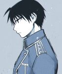  1boy amestris_military_uniform black_eyes black_hair blue_jacket blue_theme closed_mouth collared_jacket colored_skin from_side frown fullmetal_alchemist grey_background grey_theme jacket limited_palette looking_afar male_focus military military_uniform monochrome muted_color pkbr profile roy_mustang serious simple_background spiked_hair tsurime uniform upper_body white_skin 