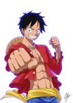  1boy abs backlighting bare_pecs black_eyes black_hair clenched_hands grin hat hat_on_back male_focus marco_albiero monkey_d_luffy one_piece open_clothes open_shirt scar scar_on_chest signature smile solo straw_hat upper_body 