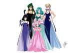  5girls aqua_hair bishoujo_senshi_sailor_moon black_gloves blonde_hair blue_dress blue_eyes breasts chibi_usa cleavage crescent_facial_mark double_bun dress elbow_gloves facial_mark forehead_mark gloves green_dress green_hair hair_bun hand_on_hip hands_together interlocked_fingers jewelry kaiou_michiru marco_albiero medium_breasts meiou_setsuna multiple_girls necklace pendant pink_dress pink_hair purple_dress purple_eyes purple_gloves purple_hair red_eyes short_hair small_lady_serenity smile ten&#039;ou_haruka tomoe_hotaru twintails 