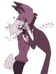  &lt;3 alastor_(hazbin_hotel) anthro blush bovid breasts caprine cervid claws demon duo eyes_closed fangs female fluffy fluffy_tail fur hair hazbin_hotel hi_res humanoid humanoid_on_anthro interspecies kissing leaning male male/female mammal multicolored_hair purple_body sheep sheep_demon_(hazbin_hotel) simple_background size_difference smile sprinklecake00z two_tone_hair white_background white_body white_fur white_hair 