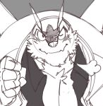  anthro body_hair chesnaught chest_hair clothed clothing hi_res juggermelon looking_at_viewer male monochrome muscular muscular_anthro muscular_male nintendo one_eye_closed open_clothing open_shirt open_topwear pecs pok&eacute;mon pok&eacute;mon_(species) scar shell shirt solo suit topwear video_games 