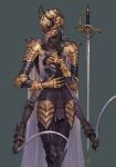  1boy arm_guards armor breastplate cape closed_mouth covered_eyes extra_arms fantasy faulds feet_out_of_frame full_armor gauntlets gem gold_armor greaves grey_background hands_on_own_chest helmet highres holding holding_weapon horns leg_armor long_hair looking_to_the_side male_focus nishiki_areku original rapier scale_armor see-through shin_guards shotel shoulder_armor silver_hair simple_background solo spaulders standing sword vambraces visor_(armor) weapon 
