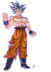  1boy abs blue_footwear clenched_hands dragon_ball dragon_ball_super full_body highres male_focus marco_albiero muscular muscular_male shirtless signature silver_eyes silver_hair solo son_goku torn_clothes ultra_instinct wristband 
