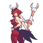  1girl absurdres animal_ears ass bunny_ears bunny_tail buskhusker capelet closed_mouth cowboy_shot fire_emblem fire_emblem:_mystery_of_the_emblem fire_emblem_heroes gloves hand_on_hip hat highres holding leotard looking_at_viewer looking_back minerva_(fire_emblem) mini_hat pantyhose pixel_art playboy_bunny polearm red_eyes red_hair short_hair sleeveless smile solo standing tail top_hat transparent_background weapon white_gloves 