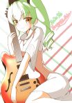  1girl anchovy_(girls_und_panzer) bangs birthday black_ribbon brown_eyes casual commentary dated dress drill_hair eyebrows_visible_through_hair girls_und_panzer green_hair guitar hair_ribbon happy_birthday highres holding holding_instrument instrument leaning_forward light_frown long_hair looking_at_viewer medium_dress parted_lips rebirth42000 ribbon short_sleeves sitting solo twin_drills twintails wariza white_dress 