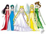  5girls aino_minako bishoujo_senshi_sailor_moon blonde_hair blue_dress blue_eyes breasts brown_hair cleavage double_bun dress flower green_dress green_eyes green_hair hair_flower hair_ornament hino_rei jewelry kino_makoto long_hair marco_albiero mizuno_ami multiple_girls necklace pendant pink_flower pink_rose ponytail princess_serenity purple_eyes purple_hair red_dress rose signature tsukino_usagi twintails very_long_hair white_dress wings yellow_dress 