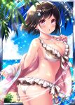  1girl :o ass back beach bikini black_hair blue_sky breasts collaboration falkyrie_no_monshou hair_ornament jewelry looking_at_viewer medium_breasts necklace ocean official_art pink_eyes shell_hair_ornament shinkai_no_valkyrie side-tie_bikini sky stardrop starfish_hair_ornament swimsuit white_bikini 