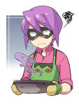  1boy apron bangs blush closed_mouth domino_mask elite_four frown gen_1_pokemon green_apron highres kiwi_of_ruin koffing male_focus mask mittens oven_mitts pokemon pokemon_(game) pokemon_hgss popped_collar purple_hair purple_shirt shirt short_hair sleeves_rolled_up smoke solo squiggle upper_body will_(pokemon) 