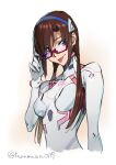  1girl :p breasts brown_hair cropped_arms cropped_torso green_eyes highres interface_headset long_hair looking_at_viewer makinami_mari_illustrious medium_breasts neon_genesis_evangelion plugsuit red-framed_eyewear semi-rimless_eyewear solo tanaka_masayoshi tongue tongue_out twitter_username under-rim_eyewear white_background 